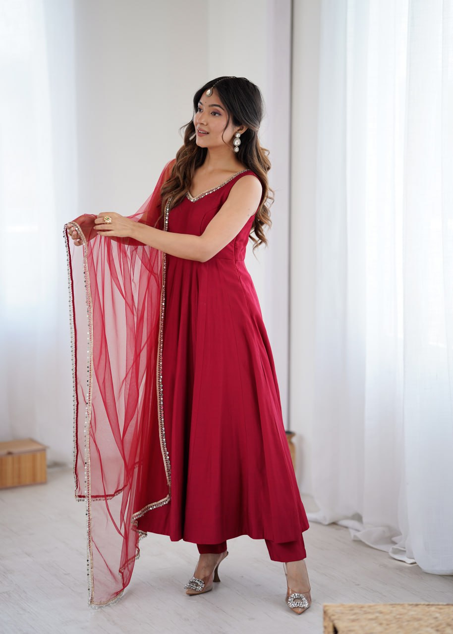 Maroon Roman Silk Chanderi Anarkali Suit with Mirror-Lace Net Dupatta
