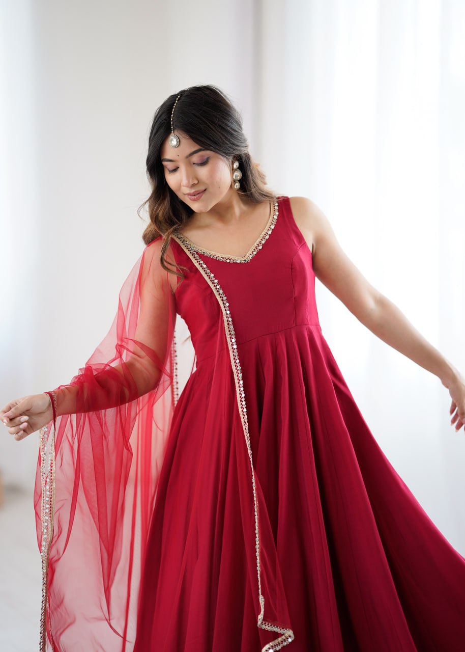 Maroon Roman Silk Chanderi Anarkali Suit with Mirror-Lace Net Dupatta