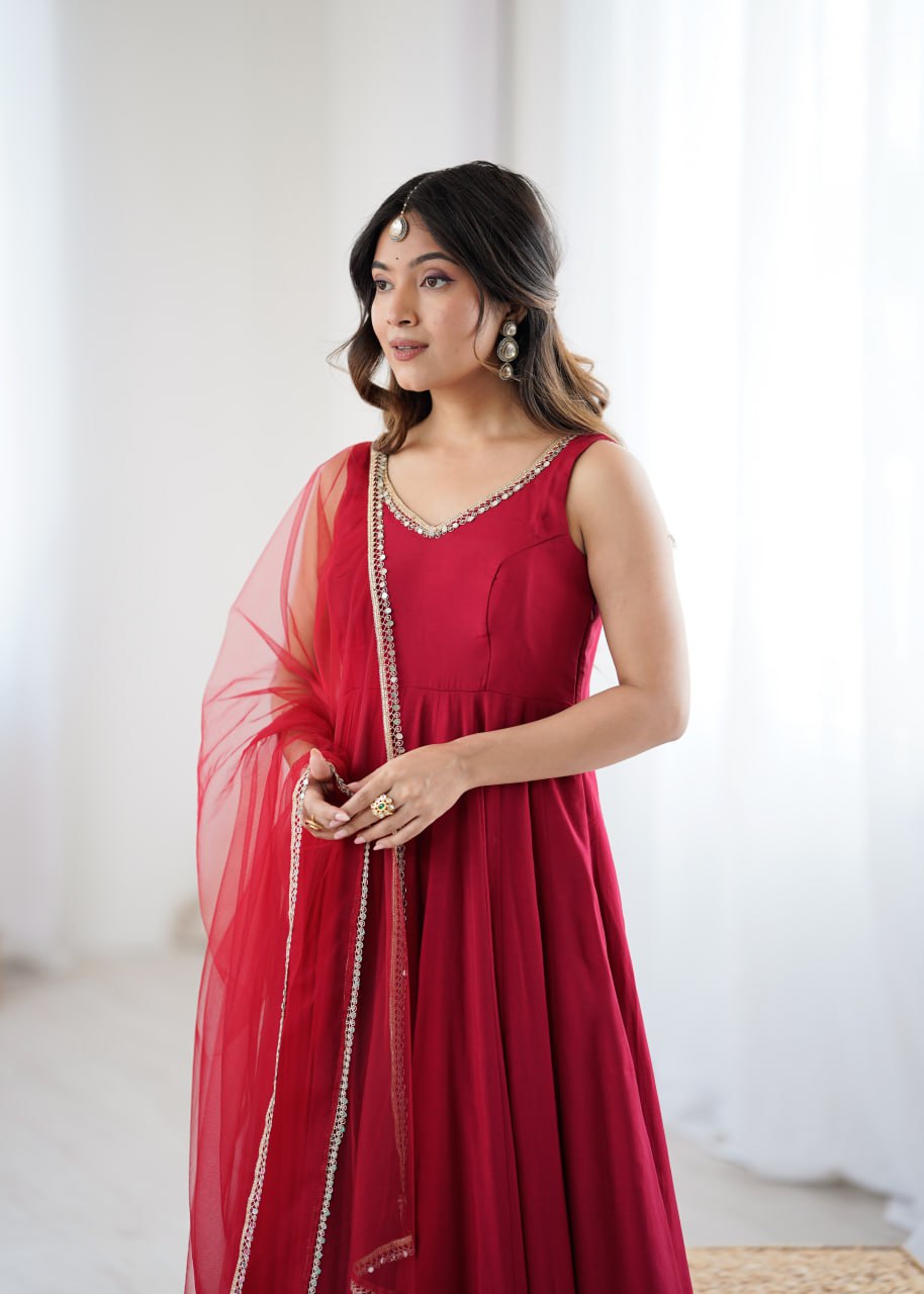 Maroon Roman Silk Chanderi Anarkali Suit with Mirror-Lace Net Dupatta