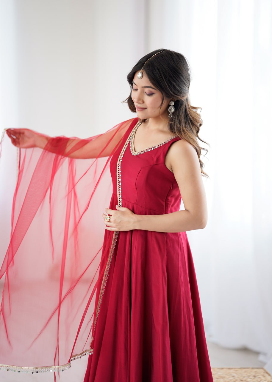 Maroon Roman Silk Chanderi Anarkali Suit with Mirror-Lace Net Dupatta