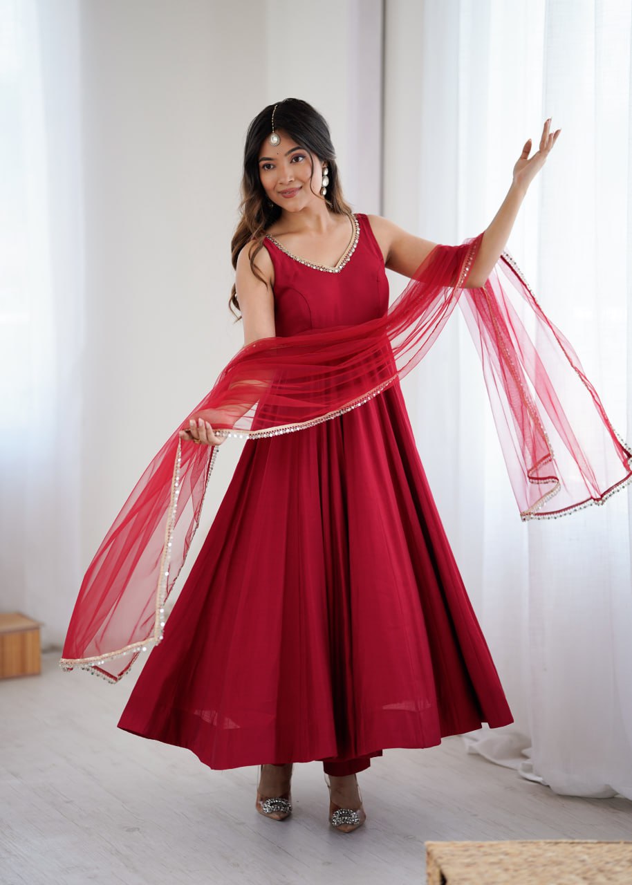 Maroon Roman Silk Chanderi Anarkali Suit with Mirror-Lace Net Dupatta