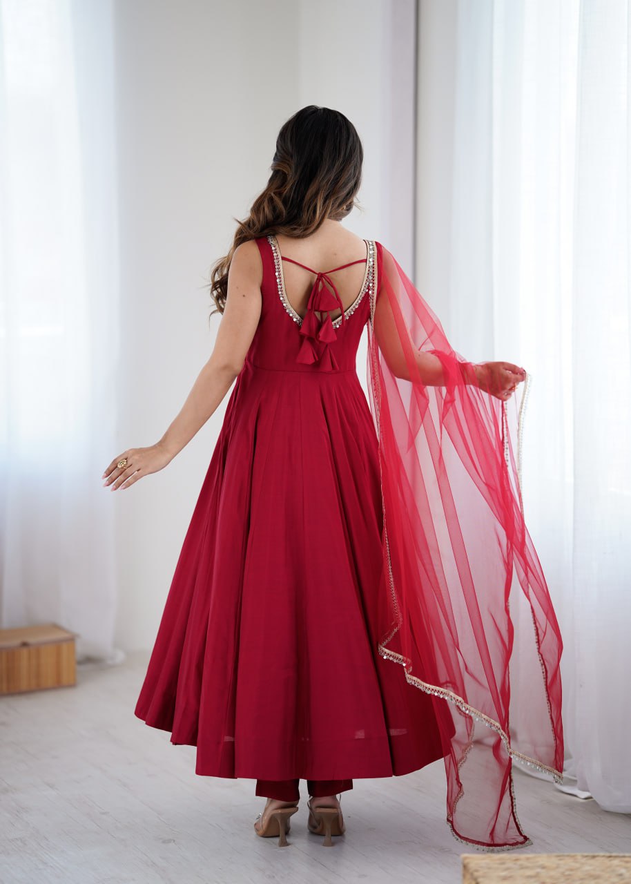 Maroon Roman Silk Chanderi Anarkali Suit with Mirror-Lace Net Dupatta