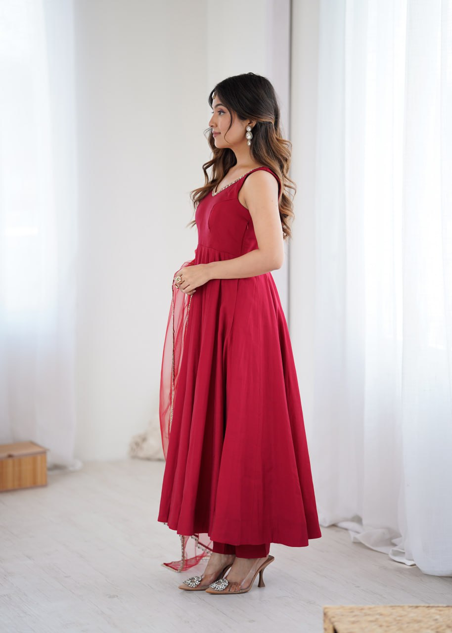 Maroon Roman Silk Chanderi Anarkali Suit with Mirror-Lace Net Dupatta