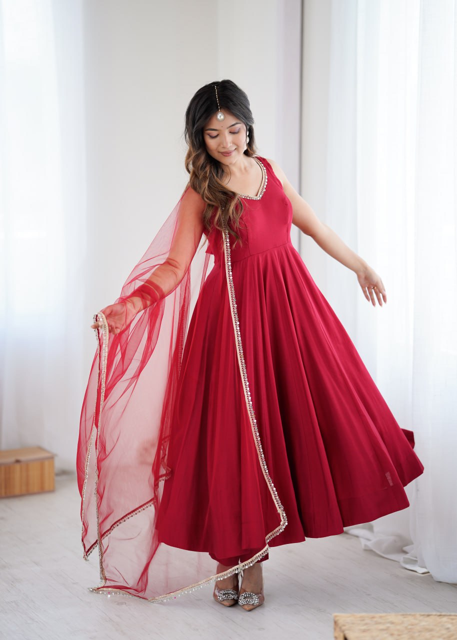Maroon Roman Silk Chanderi Anarkali Suit with Mirror-Lace Net Dupatta