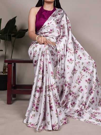 Maroon Satin Silk Printed Saree with Fabric Elegant Banglory Blouse