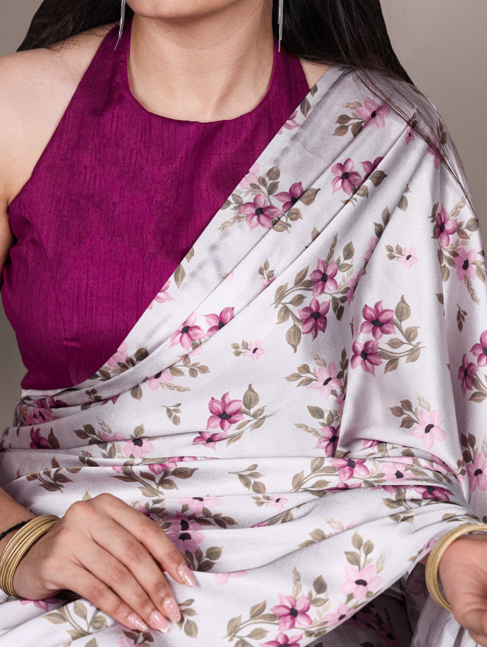 Maroon Satin Silk Printed Saree with Fabric Elegant Banglory Blouse