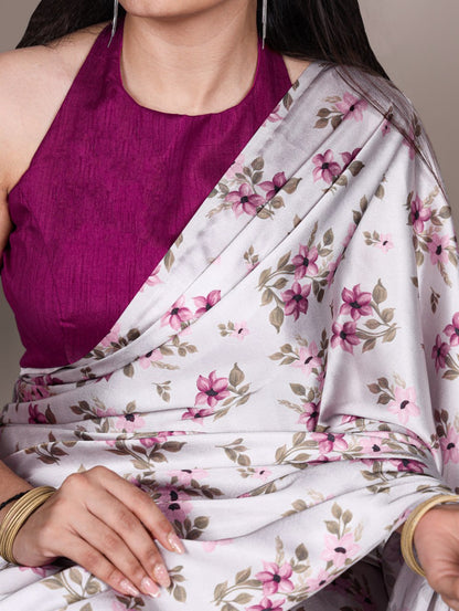 Maroon Satin Silk Printed Saree with Fabric Elegant Banglory Blouse