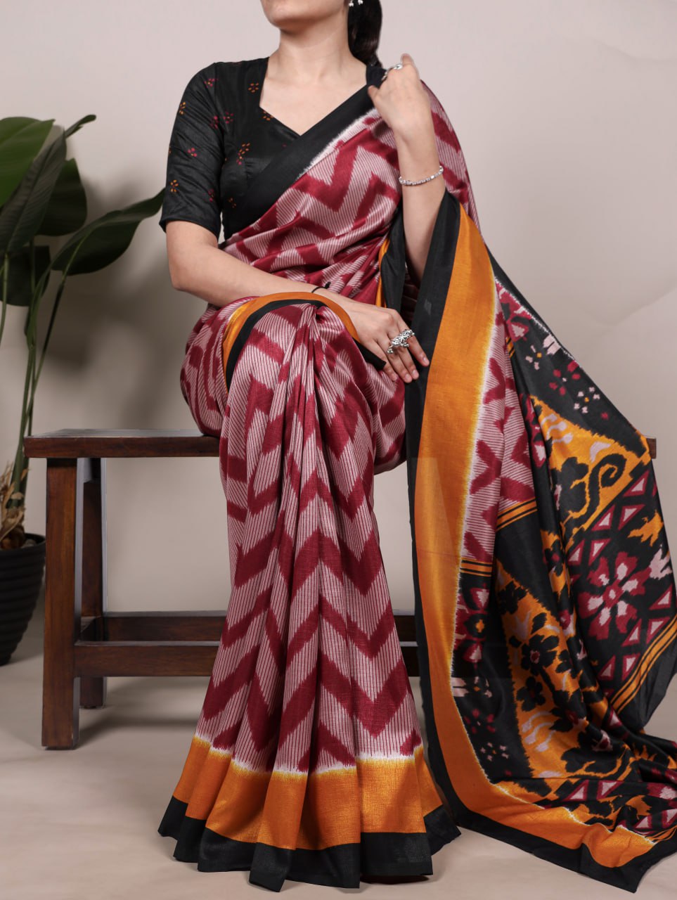 Maroon Tasar Silk Zigzag Printed Saree with Black Blouse