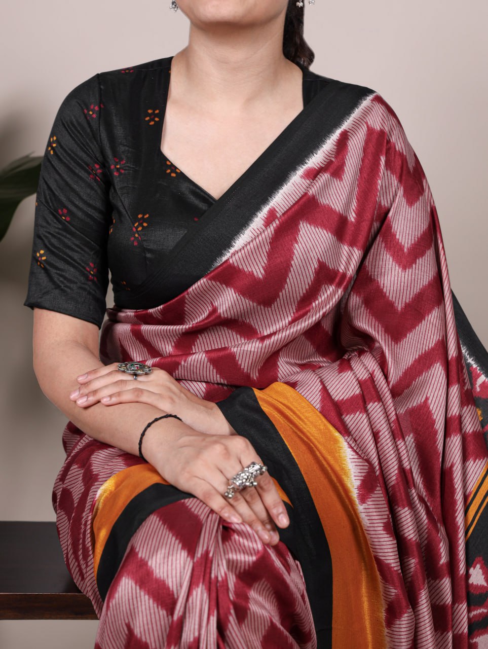 Maroon Tasar Silk Zigzag Printed Saree with Black Blouse