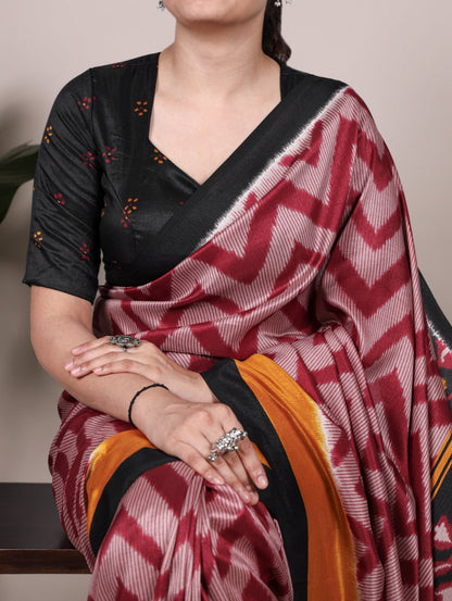Maroon Tasar Silk Zigzag Printed Saree with Black Blouse