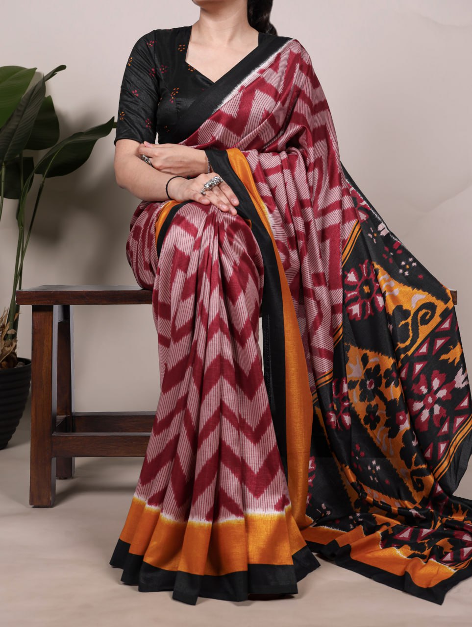 Maroon Tasar Silk Zigzag Printed Saree with Black Blouse