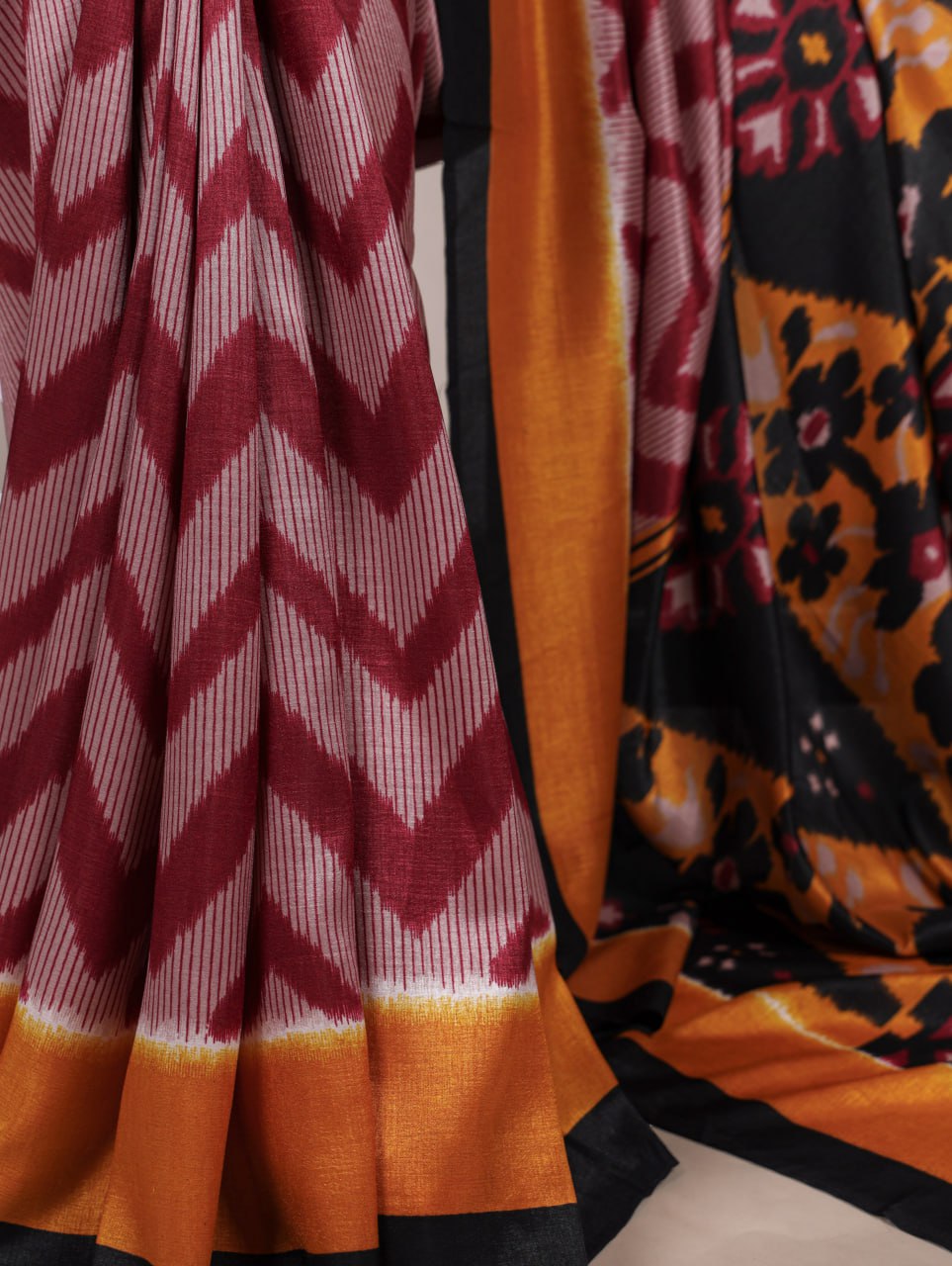 Maroon Tasar Silk Zigzag Printed Saree with Black Blouse