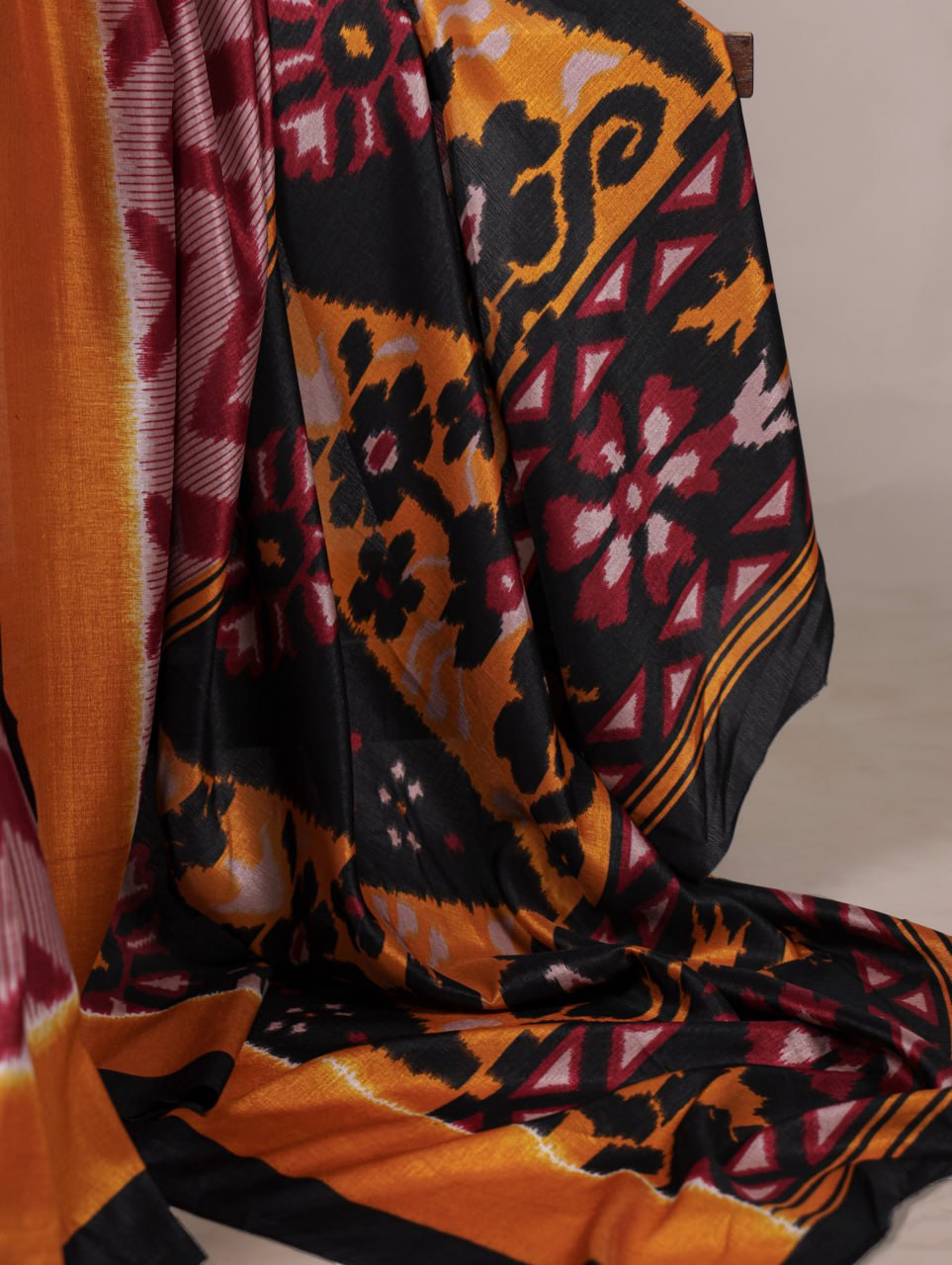 Maroon Tasar Silk Zigzag Printed Saree with Black Blouse