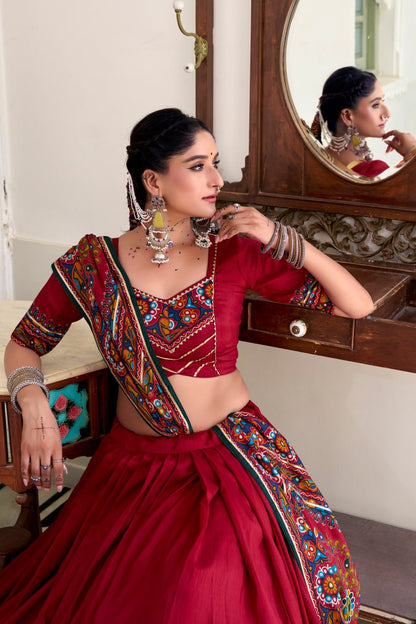 Maroon Tassar Silk Lehenga Choli with Gamthi Print Dupatta for Navratri - 2