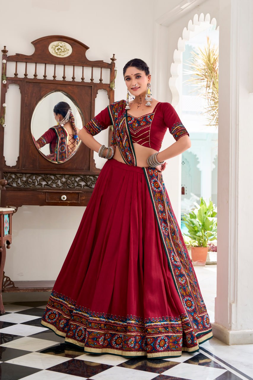 Maroon Tassar Silk Lehenga Choli with Gamthi Print Dupatta for Navratri - 3