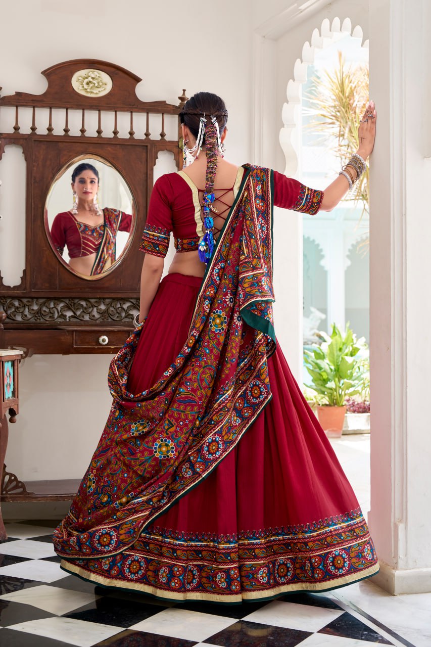 Maroon Tassar Silk Lehenga Choli with Gamthi Print Dupatta for Navratri - 4