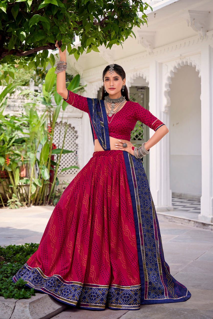 Maroon Tussar Silk Bandhani Print Lehenga Choli with Dupatta for Navratri
