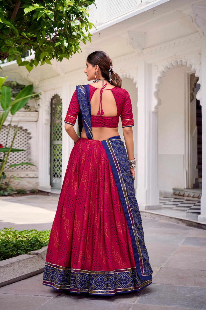 Maroon Tussar Silk Bandhani Print Lehenga Choli with Dupatta for Navratri - 3