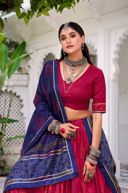 Maroon Tussar Silk Bandhani Print Lehenga Choli with Dupatta for Navratri - 4