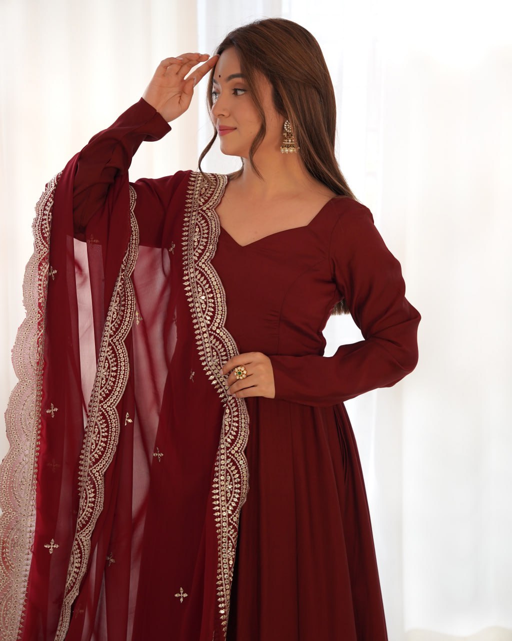 MAROON Premium Roman Anarkali Set with Dupatta – Festive & Wedding