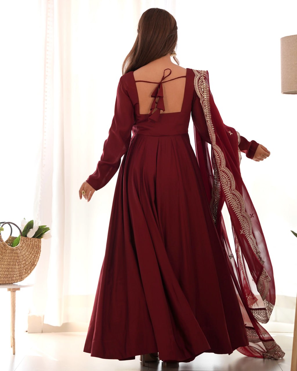 MAROON Premium Roman Anarkali Set with Dupatta – Festive & Wedding