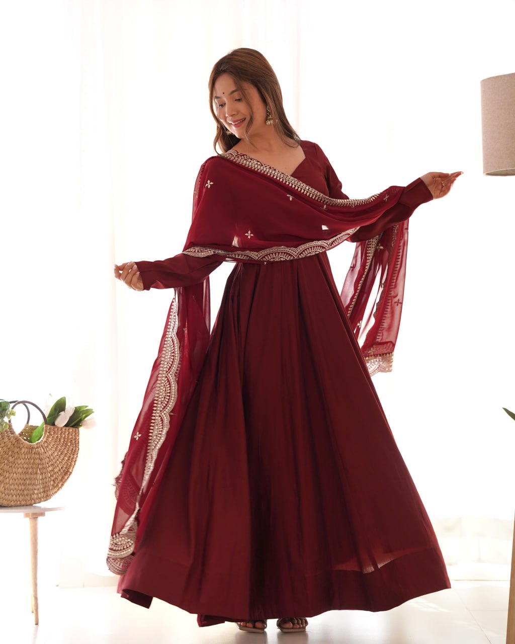 MAROON Premium Roman Anarkali Set with Dupatta – Festive & Wedding
