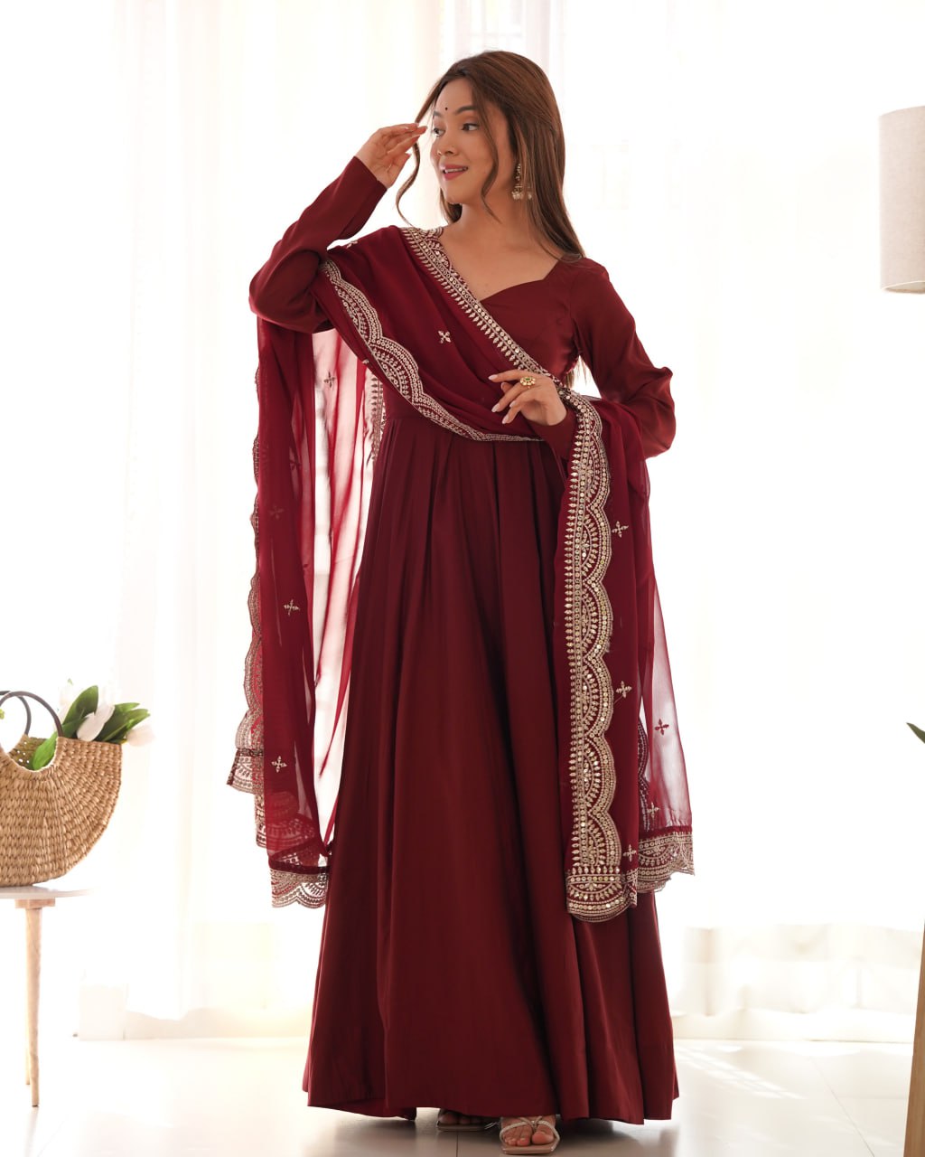 MAROON Premium Roman Anarkali Set with Dupatta – Festive & Wedding