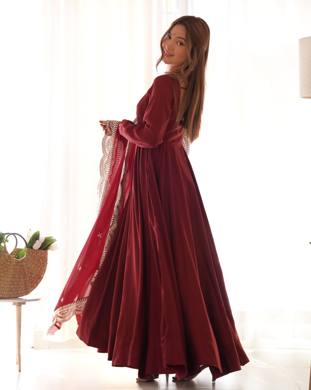 MAROON Premium Roman Anarkali Set with Dupatta – Festive & Wedding