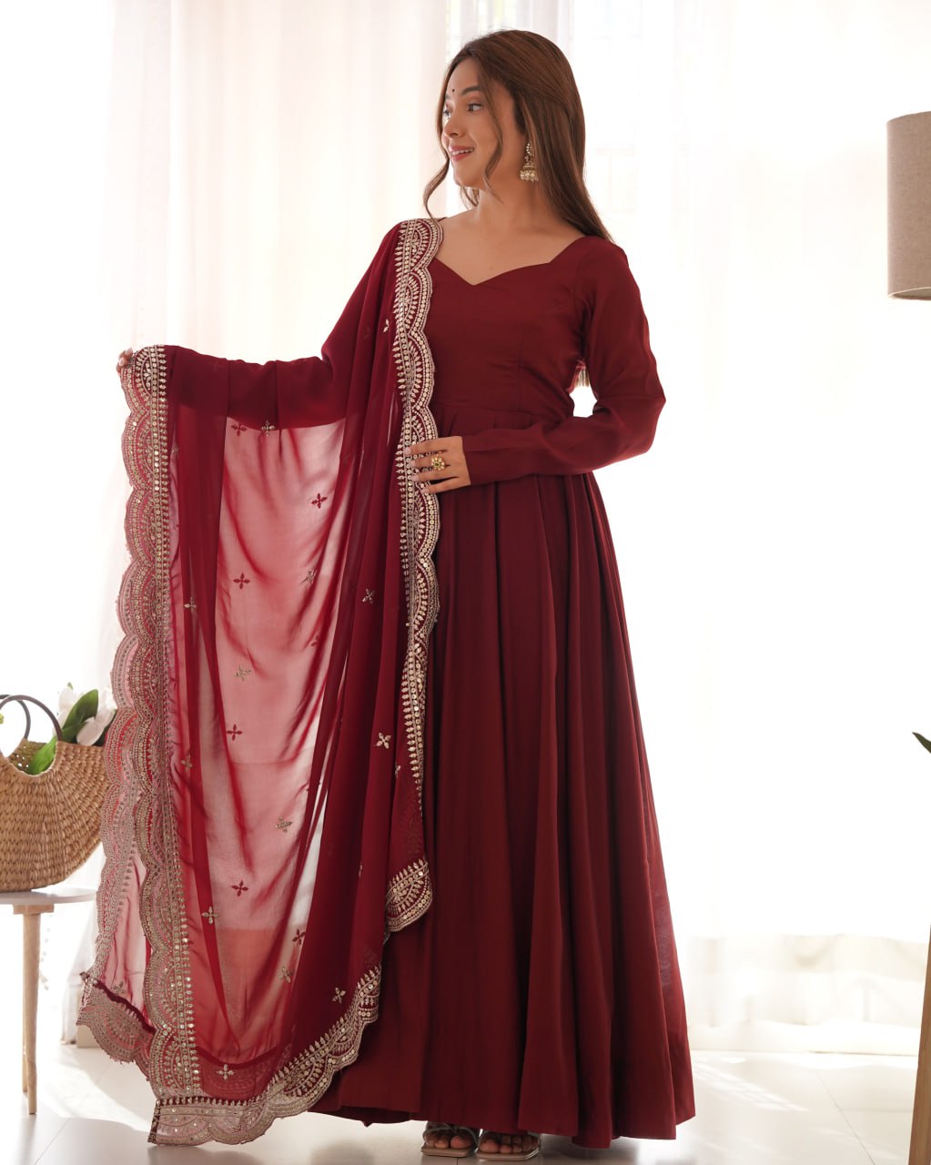 MAROON Premium Roman Anarkali Set with Dupatta – Festive & Wedding