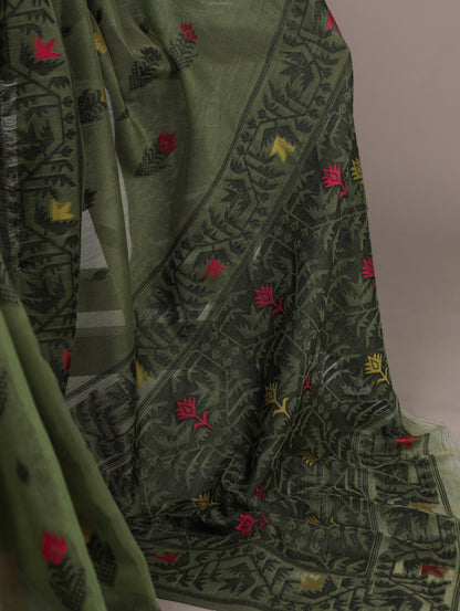 Mehendi Green Poly Cotton Thread Weaving Saree with Matching Blouse