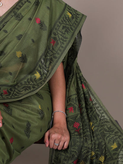 Mehendi Green Poly Cotton Thread Weaving Saree with Matching Blouse