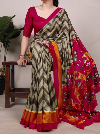 Mehendi Tasar Silk Zigzag Printed Saree with Red Blouse