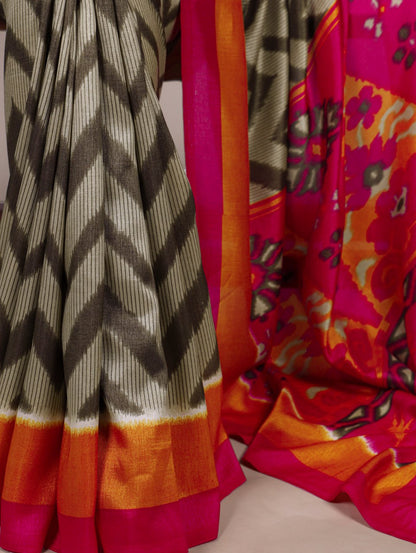 Mehendi Tasar Silk Zigzag Printed Saree with Red Blouse