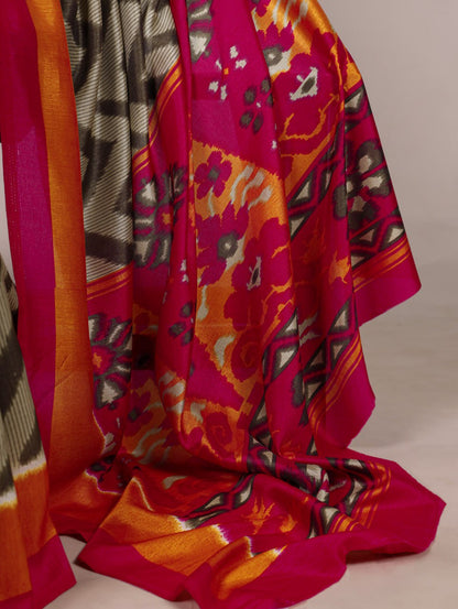 Mehendi Tasar Silk Zigzag Printed Saree with Red Blouse