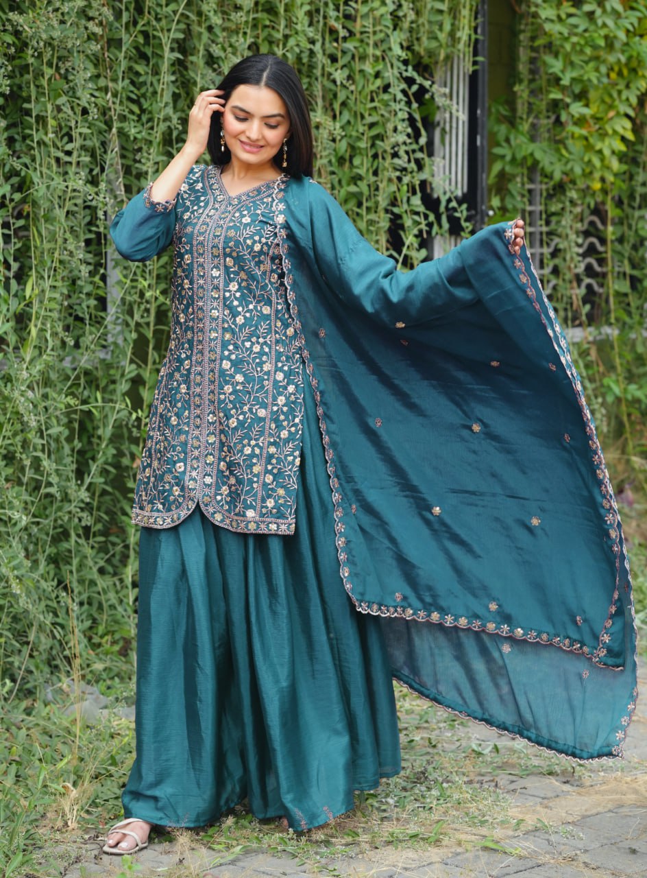 Morpich Designer Chinon Silk Sharara Suit with Sequins Embroidery