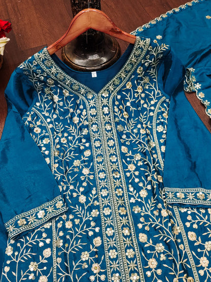 Morpich Designer Chinon Silk Sharara Suit with Sequins Embroidery