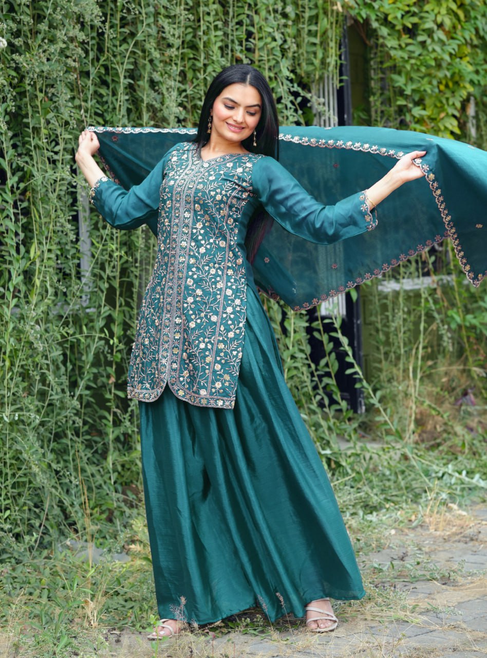 Morpich Designer Chinon Silk Sharara Suit with Sequins Embroidery