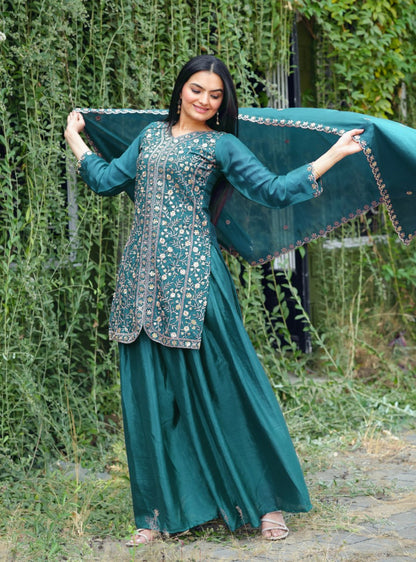 Morpich Designer Chinon Silk Sharara Suit with Sequins Embroidery