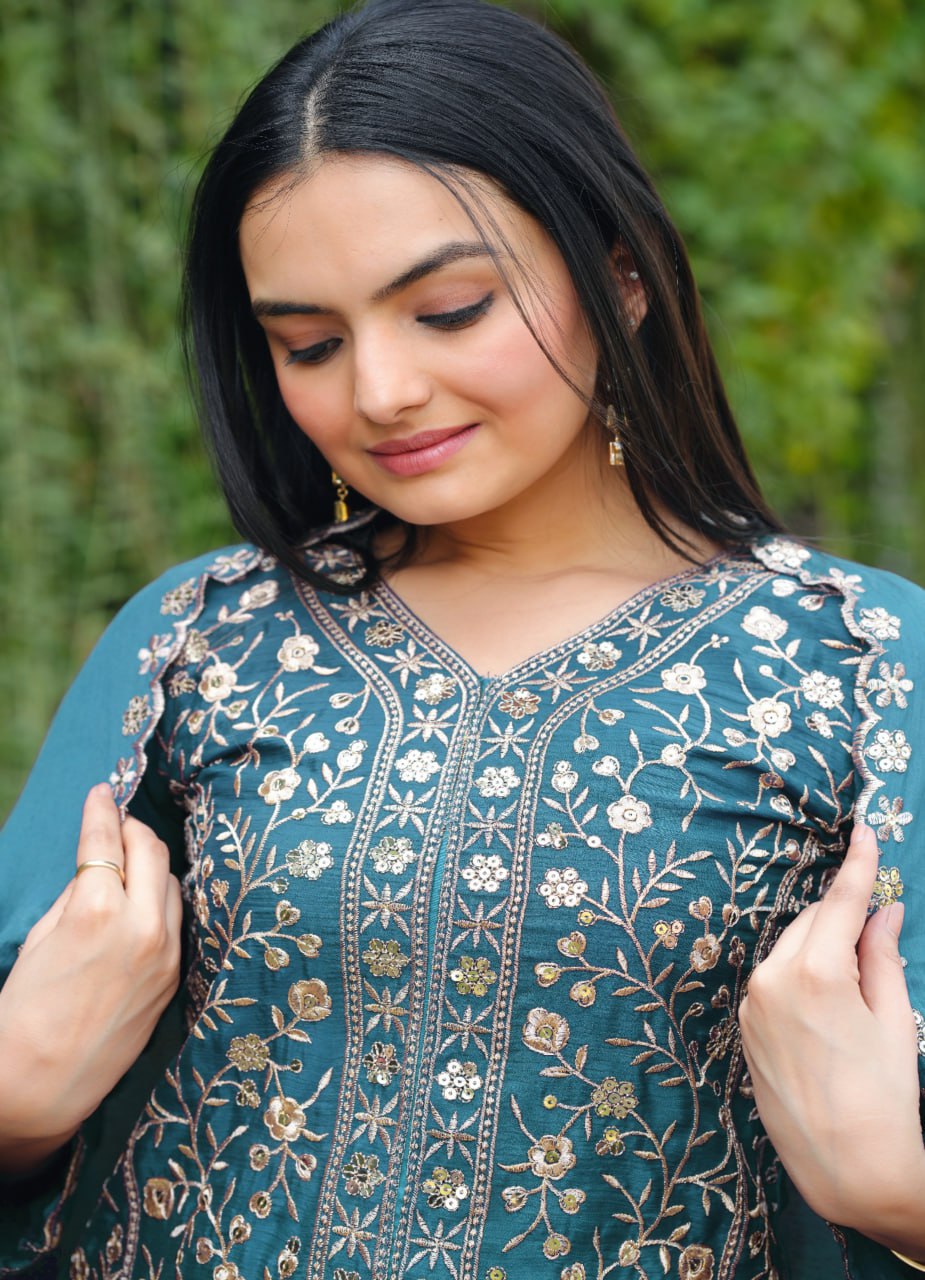 Morpich Designer Chinon Silk Sharara Suit with Sequins Embroidery