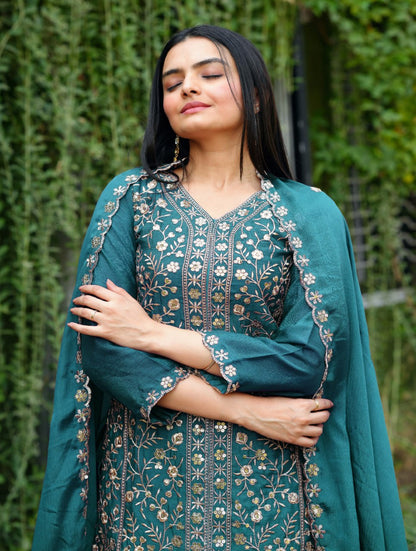 Morpich Designer Chinon Silk Sharara Suit with Sequins Embroidery