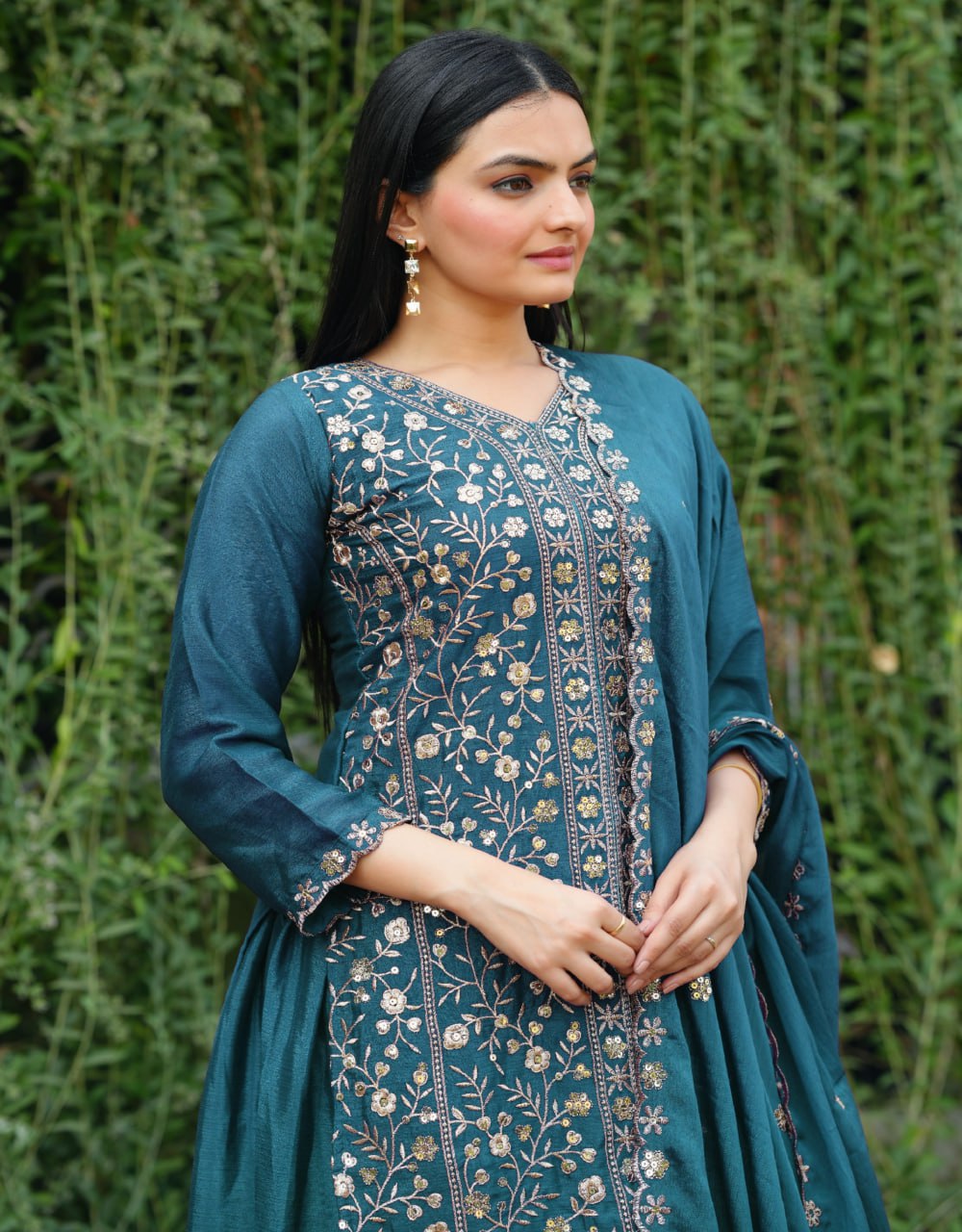 Morpich Designer Chinon Silk Sharara Suit with Sequins Embroidery