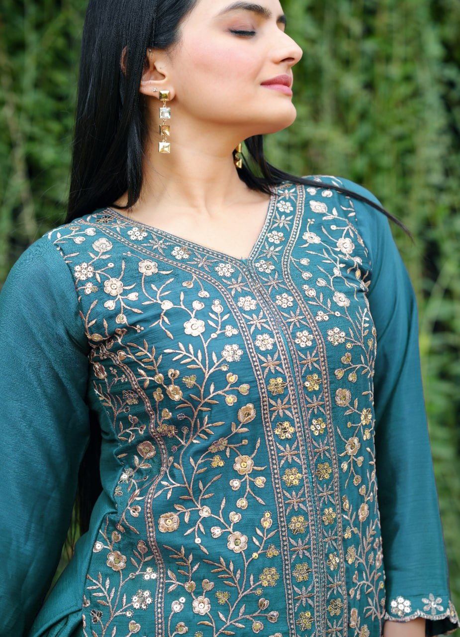 Morpich Designer Chinon Silk Sharara Suit with Sequins Embroidery