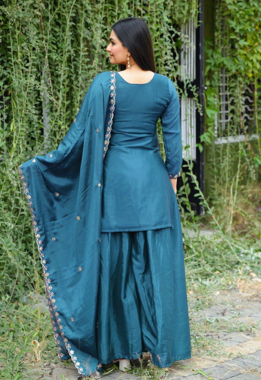 Morpich Designer Chinon Silk Sharara Suit with Sequins Embroidery