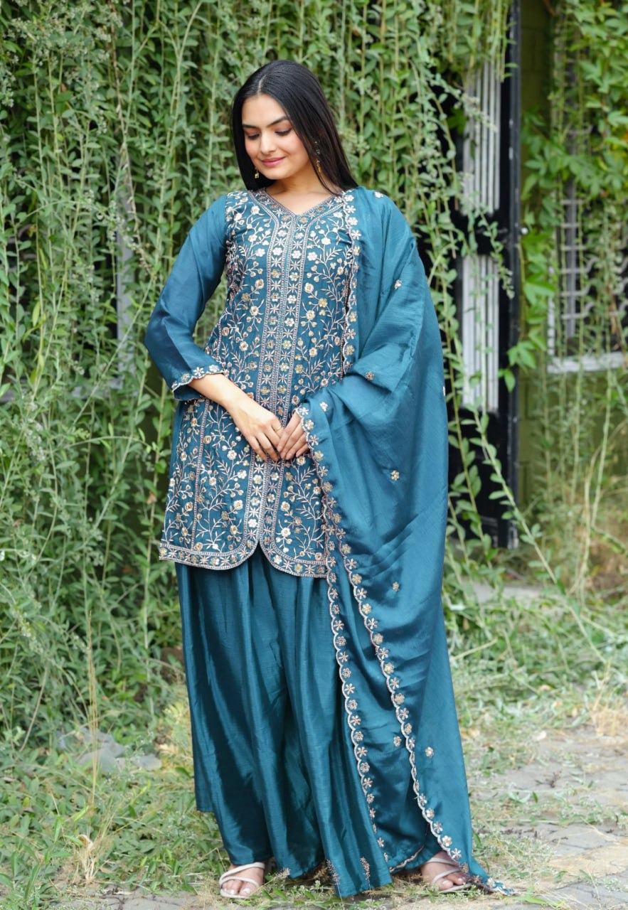 Morpich Designer Chinon Silk Sharara Suit with Sequins Embroidery