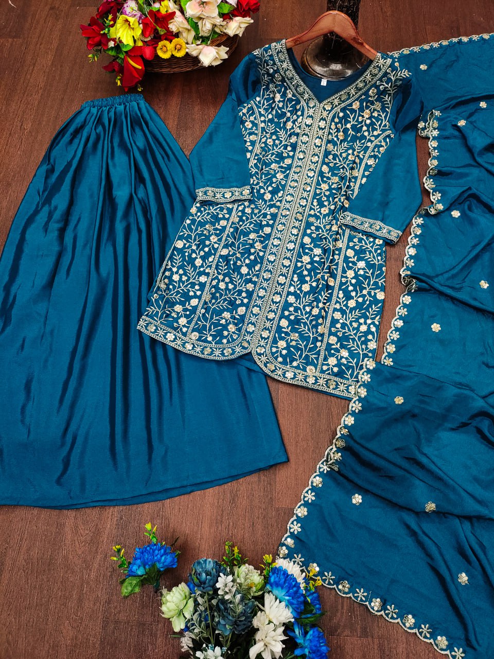 Morpich Designer Chinon Silk Sharara Suit with Sequins Embroidery