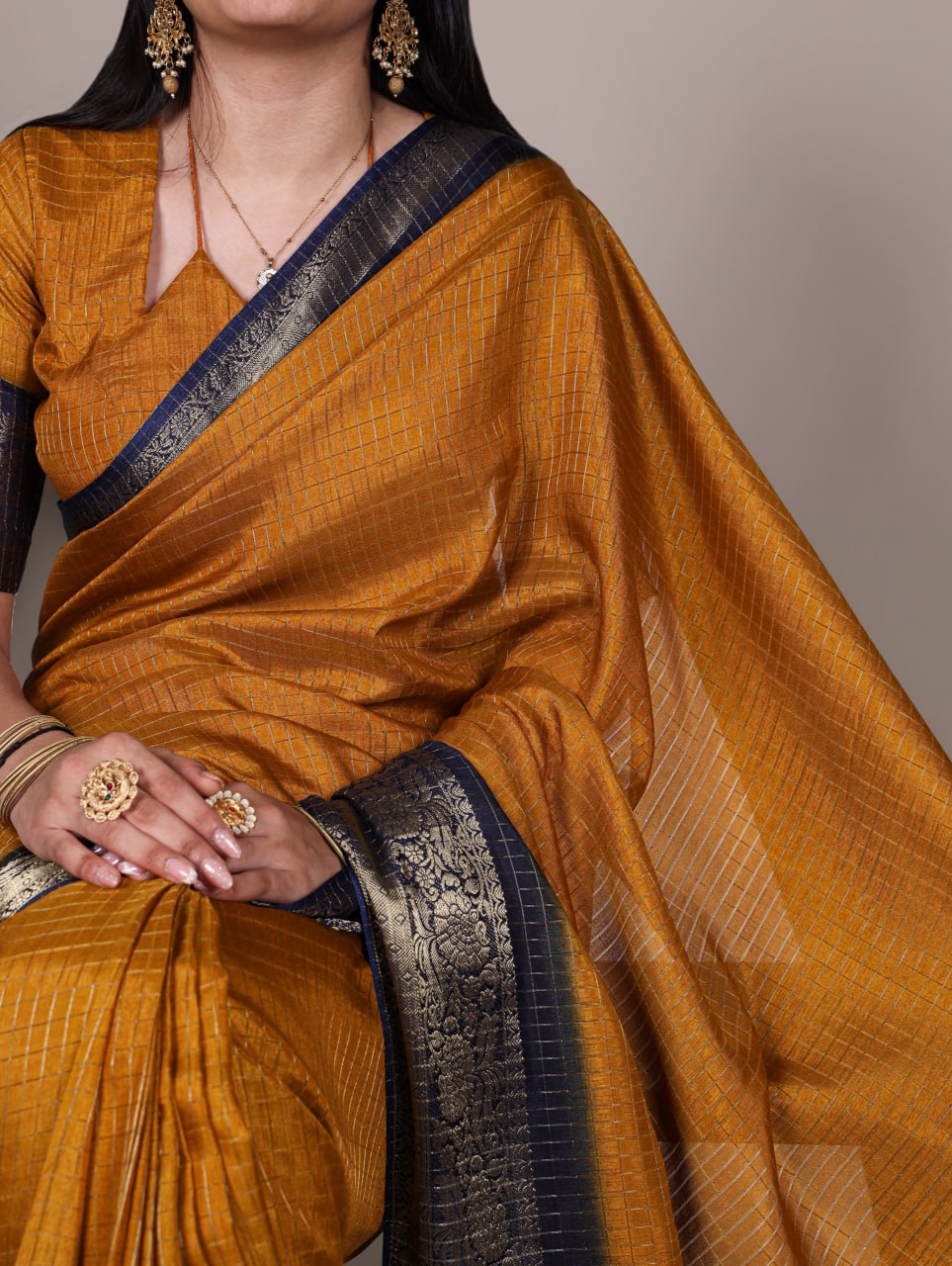 Mustard Elegant Dola Chex Zari Weaving Saree with Matching Blouse