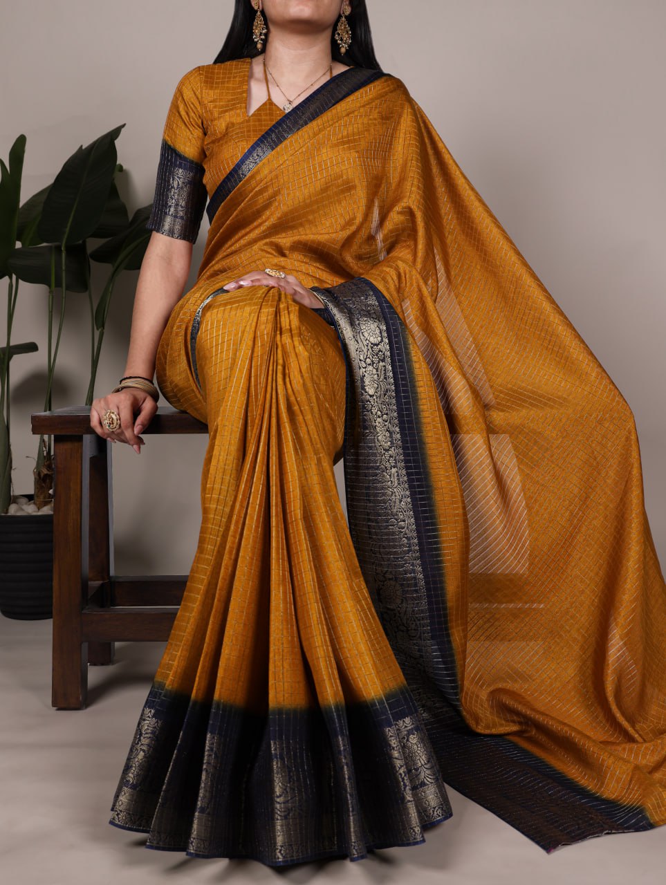 Mustard Elegant Dola Chex Zari Weaving Saree with Matching Blouse