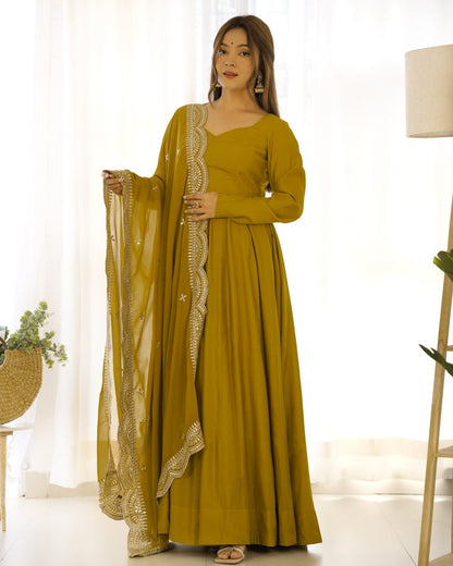 Musturd Yellow Premium Roman Anarkali Set Dupatta – Festive & Wedding