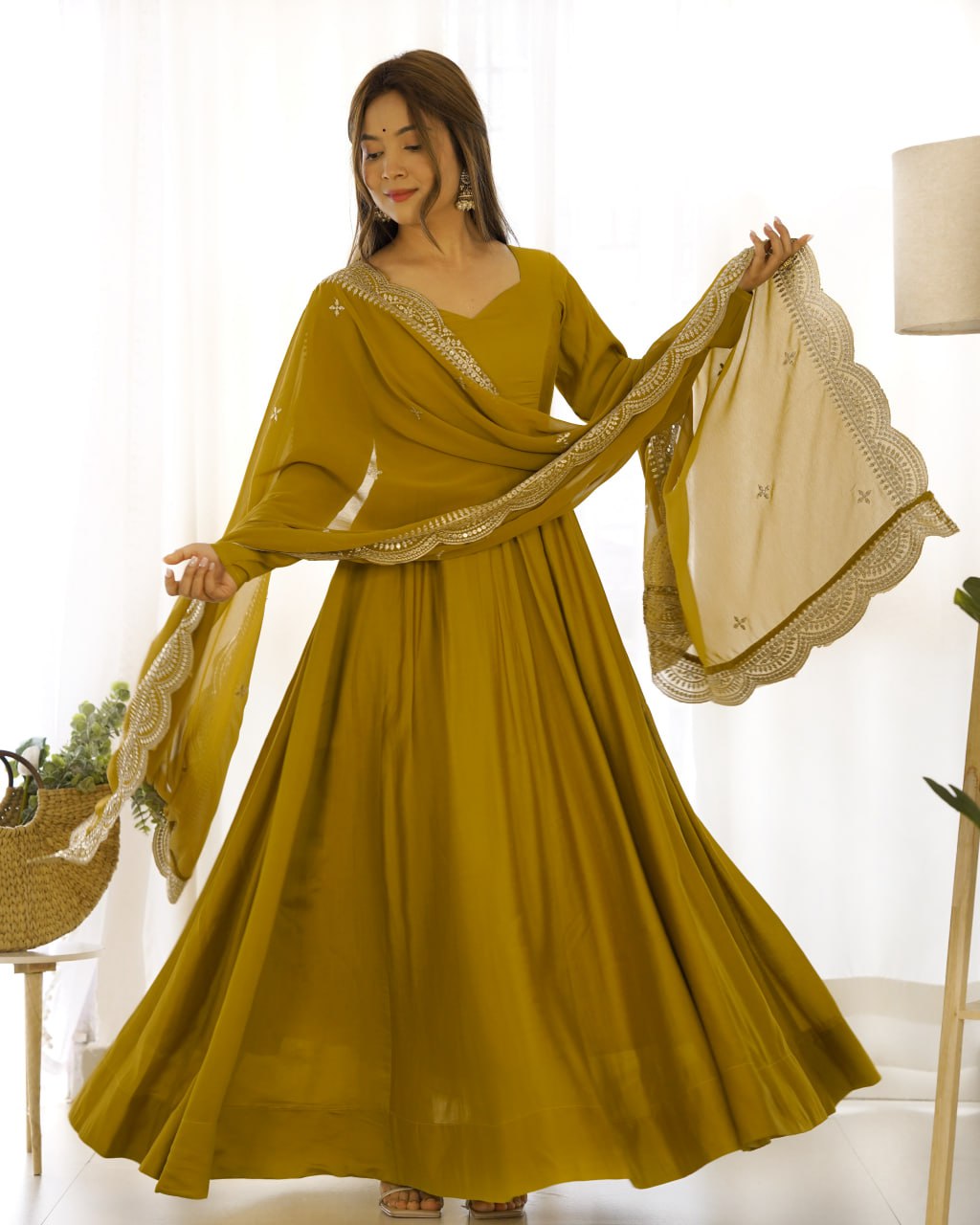 Musturd Yellow Premium Roman Anarkali Set Dupatta – Festive & Wedding