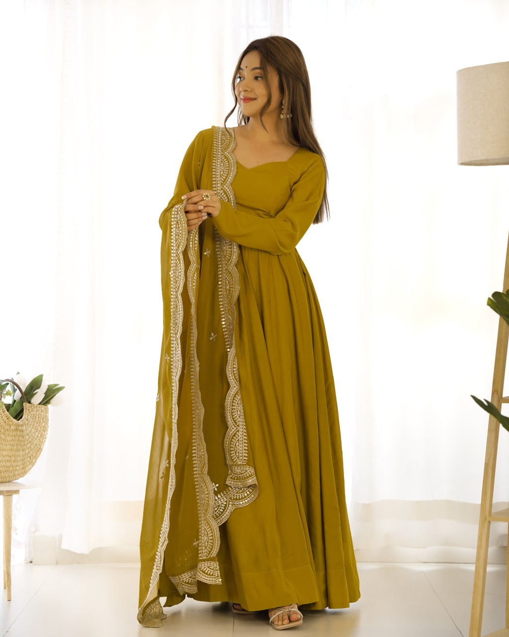 Musturd Yellow Premium Roman Anarkali Set Dupatta – Festive & Wedding